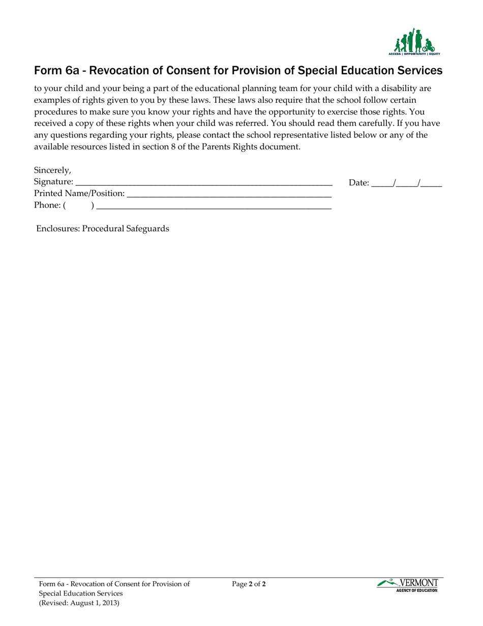 Form 6A Revocation of Consent for Provision of Special Education Services - Vermont, Page 2
