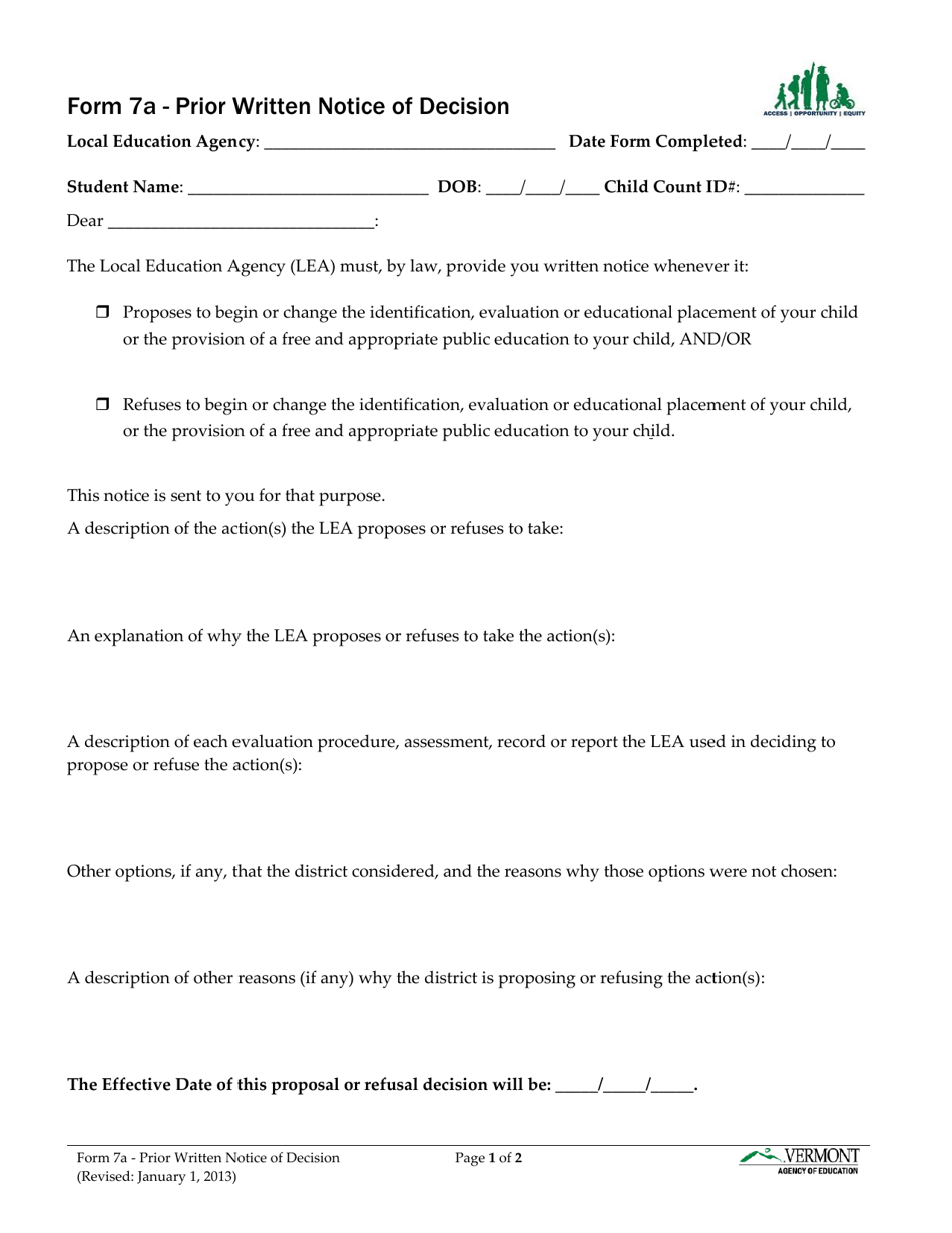 Form 7A Prior Written Notice of Decision - Vermont, Page 1