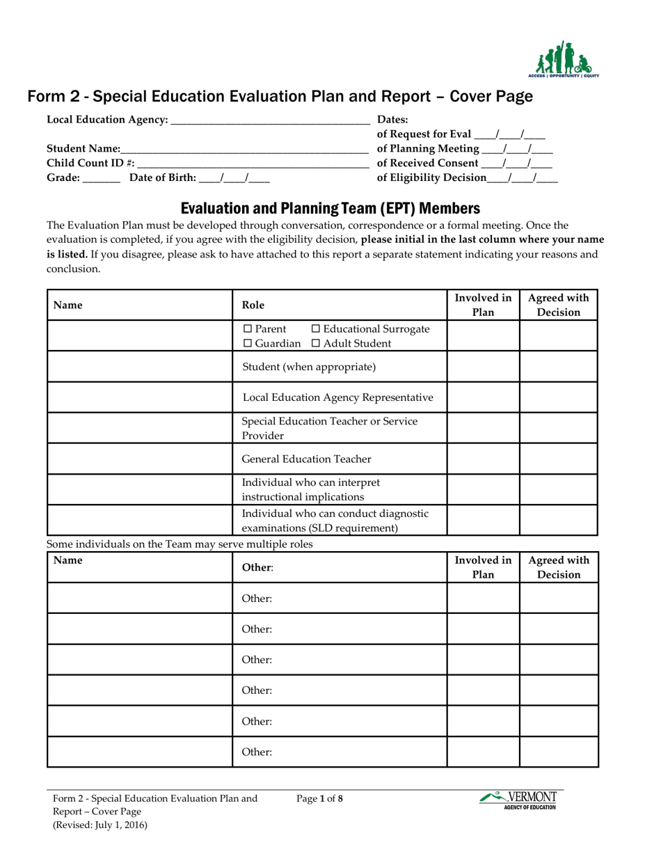 Form 2 Special Education Evaluation Plan and Report - Vermont, Page 1