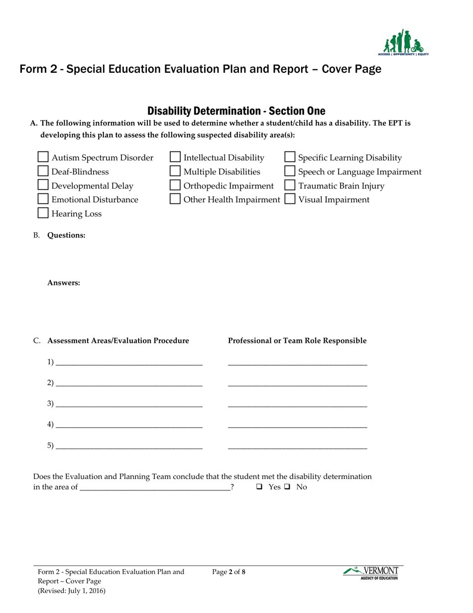 Form 2 Special Education Evaluation Plan and Report - Vermont, Page 2