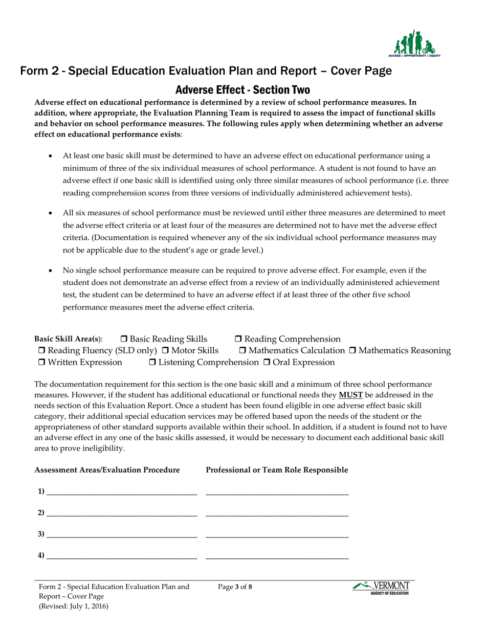 Form 2 Special Education Evaluation Plan and Report - Vermont, Page 3