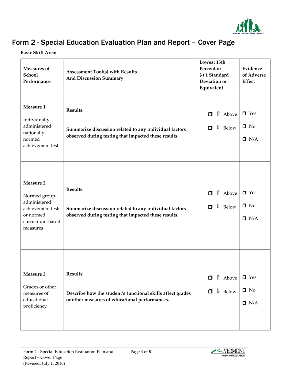 Form 2 Special Education Evaluation Plan and Report - Vermont, Page 4