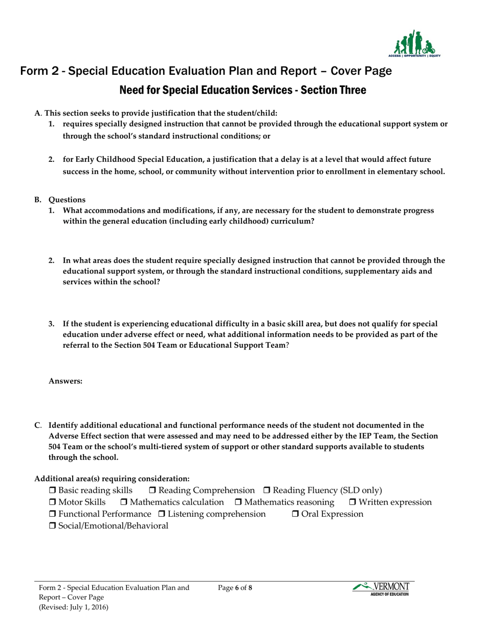 Form 2 Special Education Evaluation Plan and Report - Vermont, Page 6