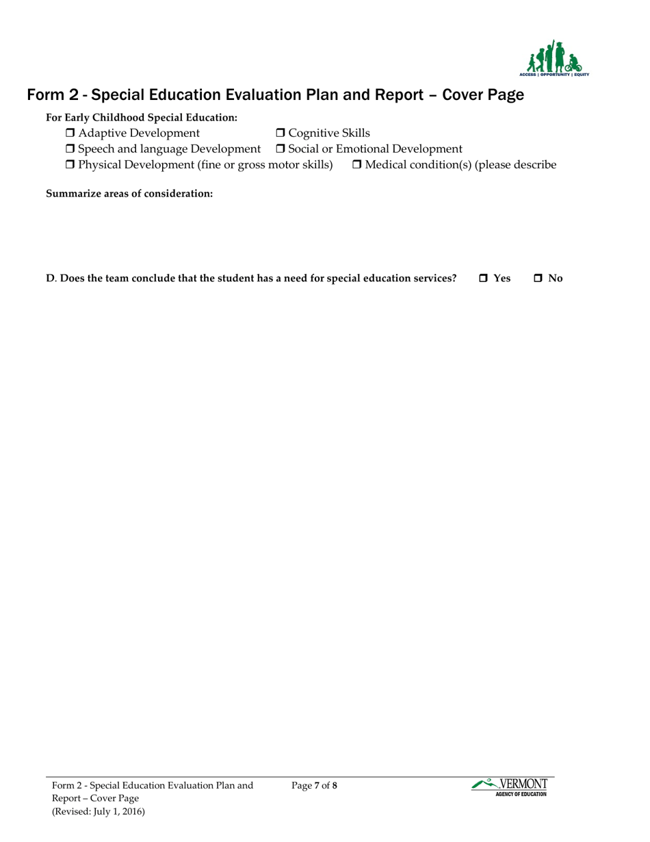 Form 2 Special Education Evaluation Plan and Report - Vermont, Page 7
