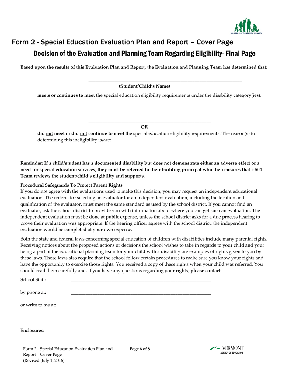 Form 2 Special Education Evaluation Plan and Report - Vermont, Page 8