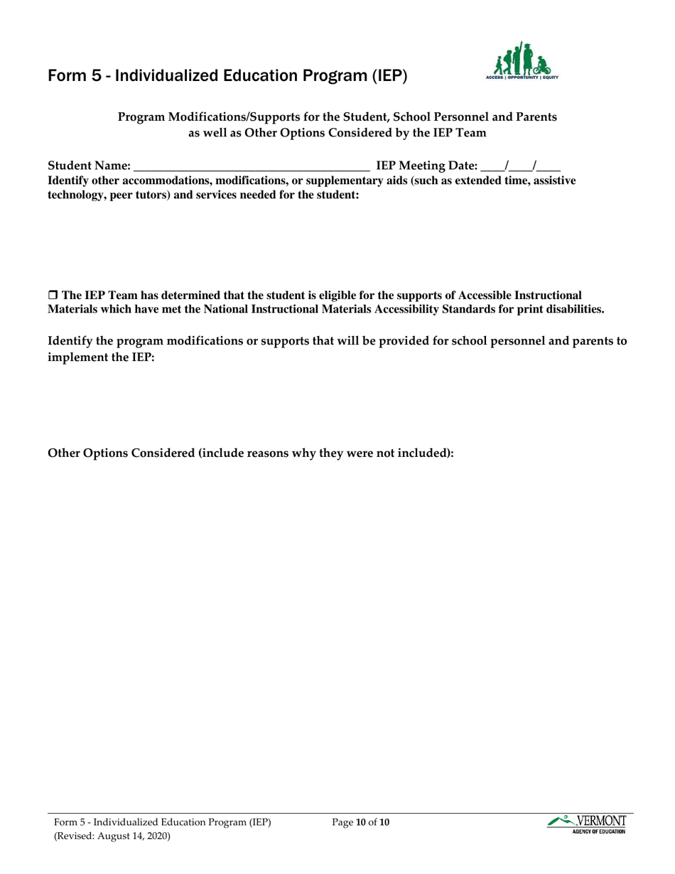 Form 5 Individualized Education Program (Iep) - Vermont, Page 10