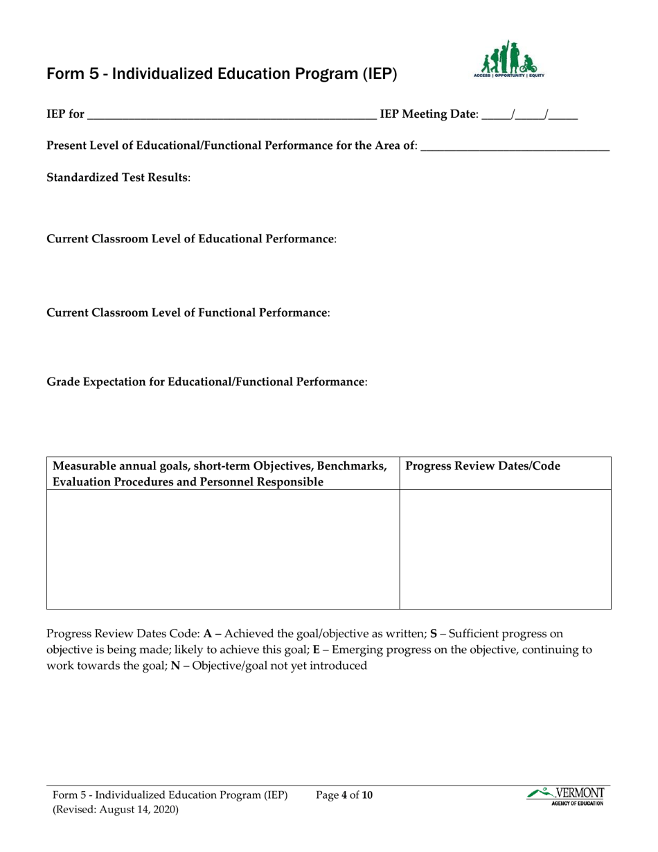 Form 5 Individualized Education Program (Iep) - Vermont, Page 4