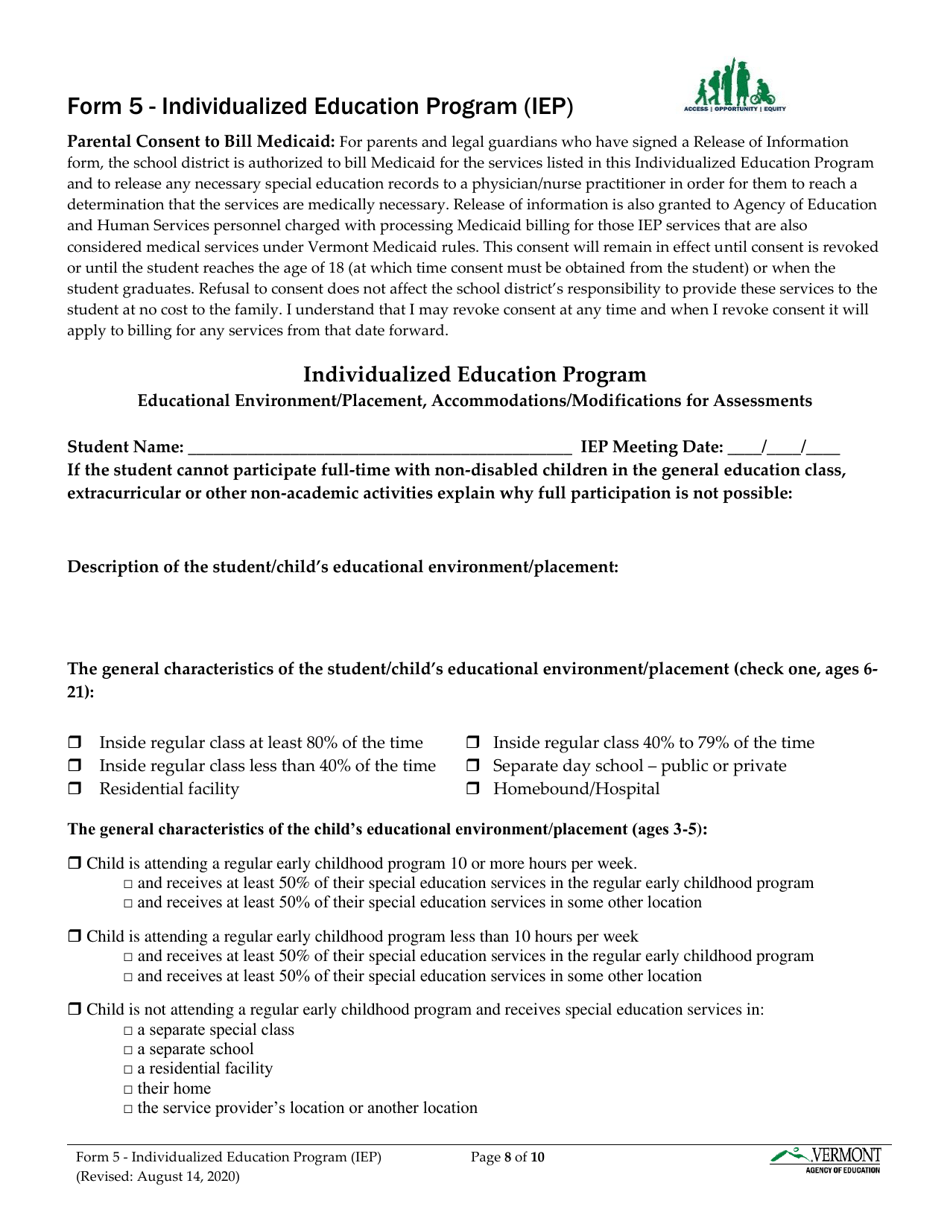 Form 5 Individualized Education Program (Iep) - Vermont, Page 8