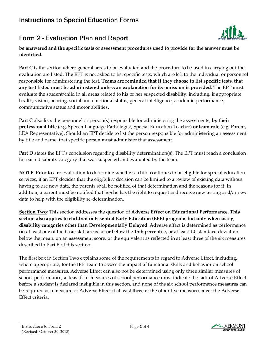Instructions for Form 2 Special Education Evaluation Plan and Report - Vermont, Page 2