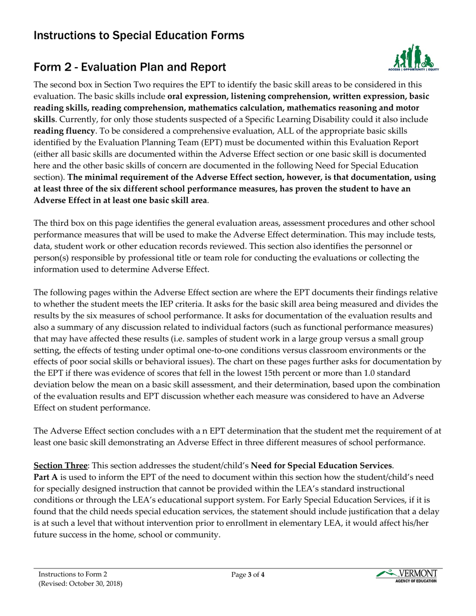Instructions for Form 2 Special Education Evaluation Plan and Report - Vermont, Page 3