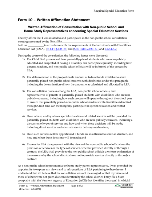 Form 10 Written Affirmation Statement - Vermont