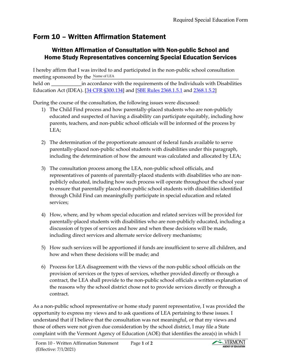 Form 10 Written Affirmation Statement - Vermont, Page 1