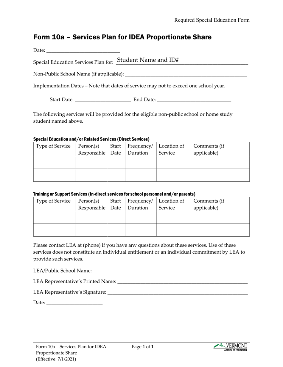 Form 10A Services Plan for Idea Proportionate Share - Vermont, Page 1