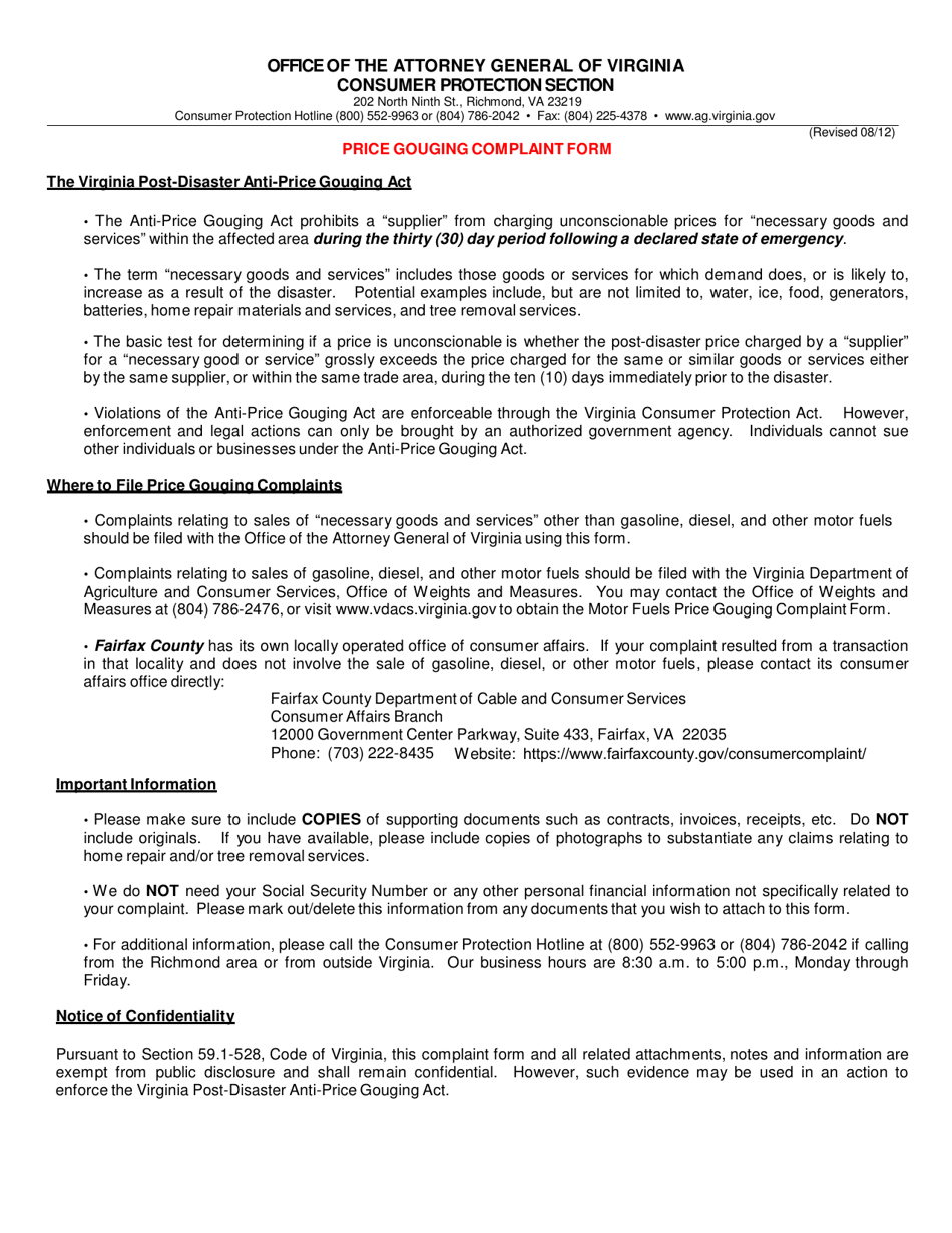Price Gouging Complaint Form - Virginia, Page 1