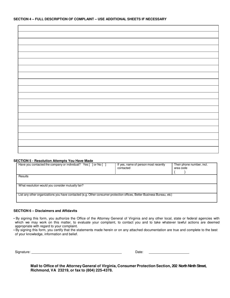 Virginia Price Gouging Complaint Form Download Printable PDF