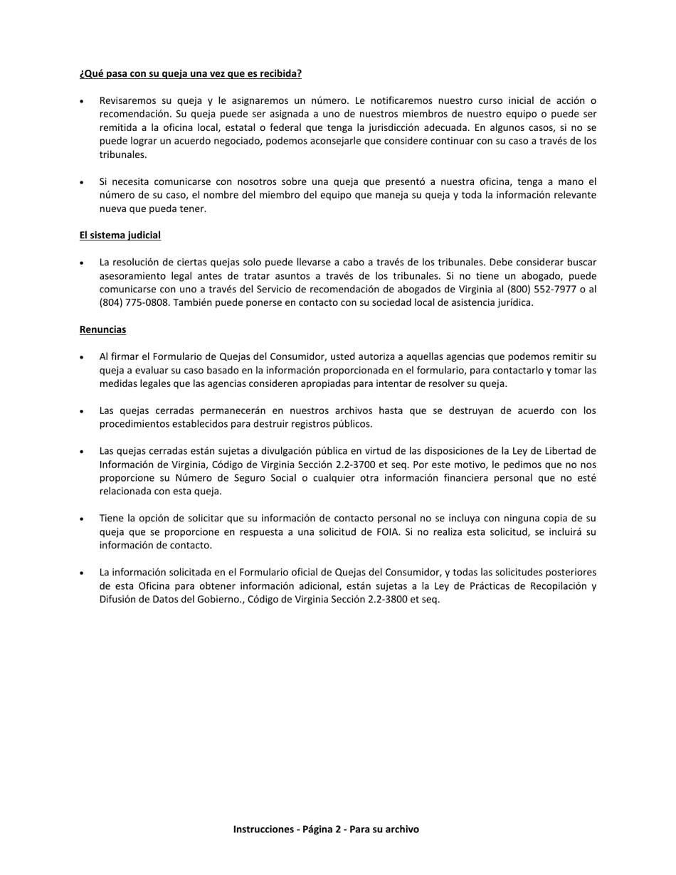 Formulario De Queja Del Consumidor - Virginia (Spanish), Page 2