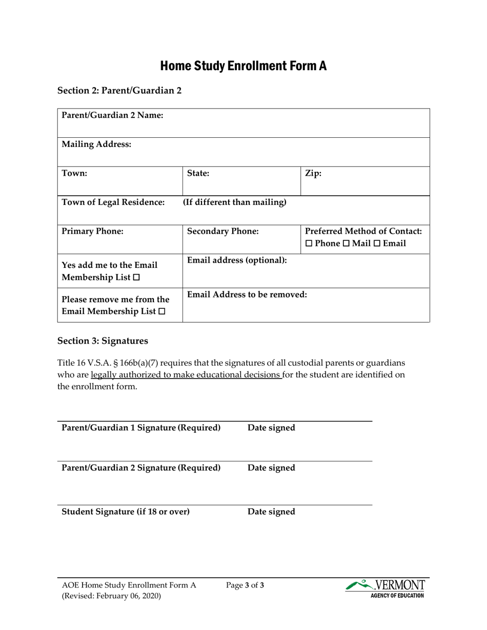 Form A Home Study Enrollment Form - Vermont, Page 3