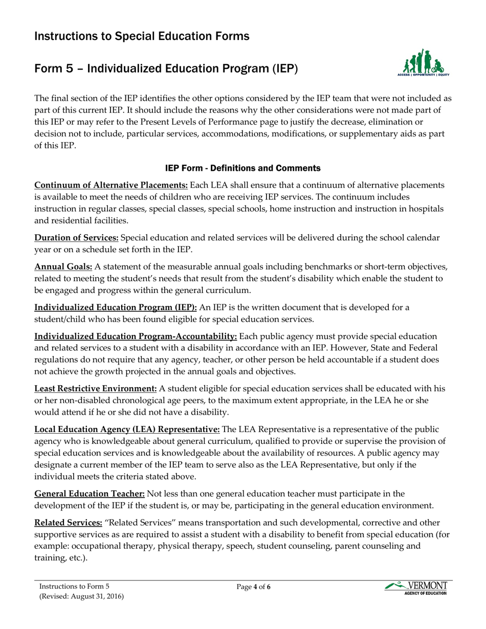 Instructions for Form 5 Individualized Education Program (Iep) - Vermont, Page 4