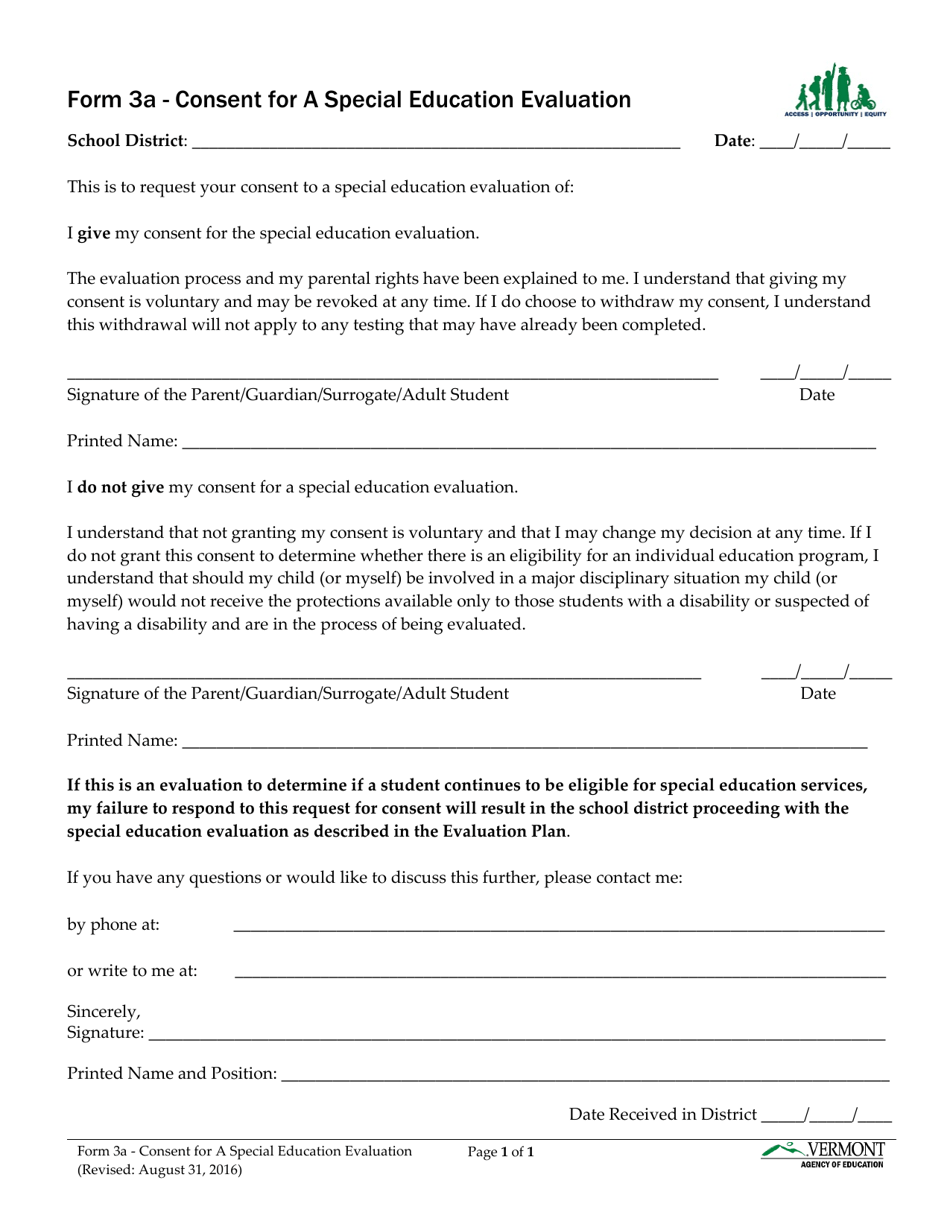 Form 3A Consent for a Special Education Evaluation - Vermont, Page 1