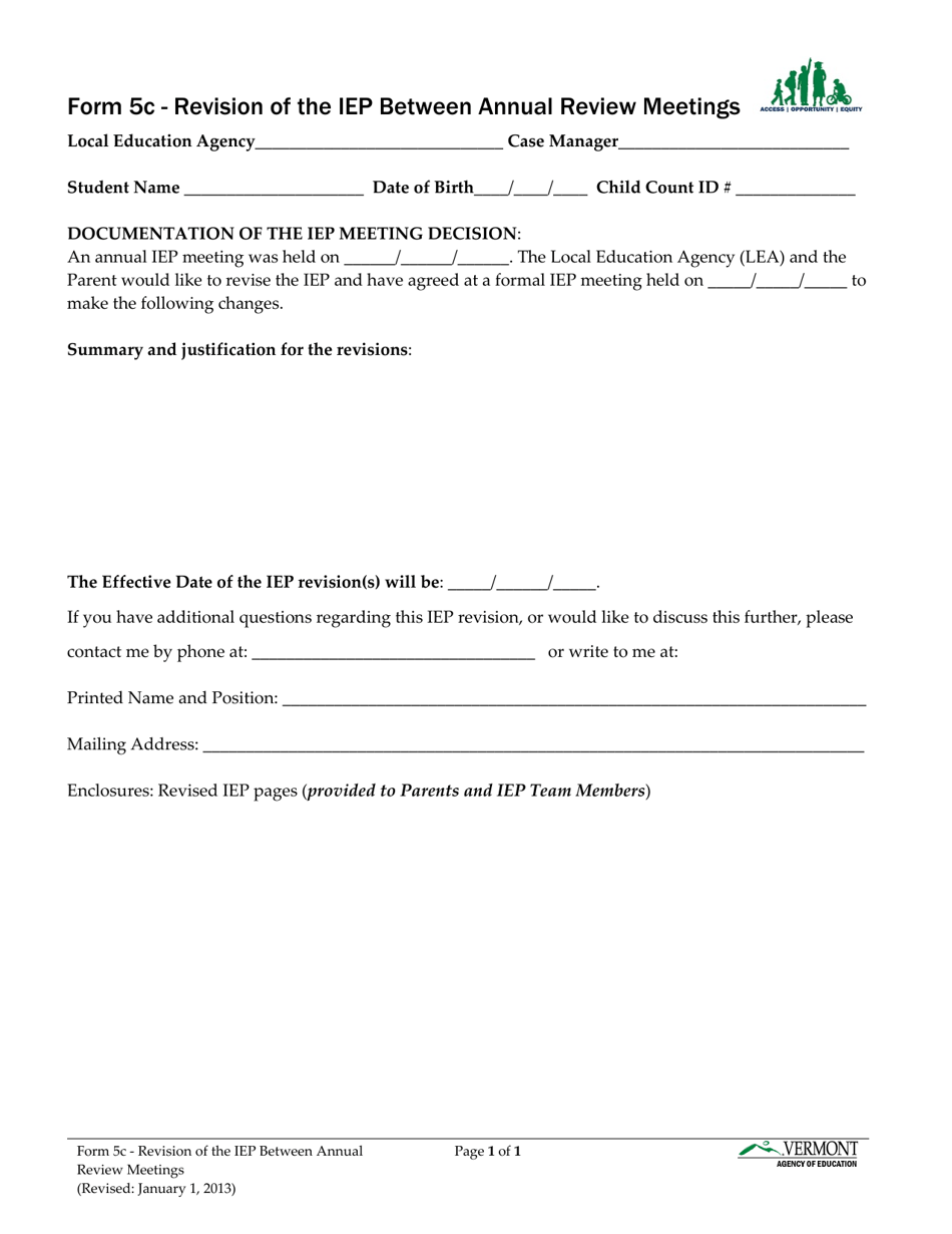 Form 5C Revision of the Iep Between Annual Review Meetings - Vermont, Page 1