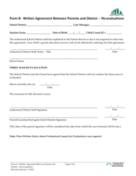 Document preview: Form 8 Written Agreement Between Parents and District - Re-evaluations - Vermont