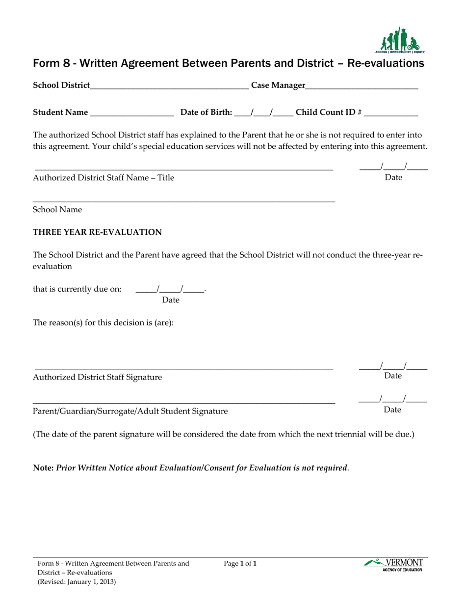 Form 8 Written Agreement Between Parents and District - Re-evaluations - Vermont, Page 1