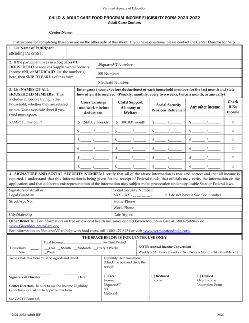 Child & Adult Care Food Program Income Eligibility Form - Adult Care Centers - Vermont, 2022