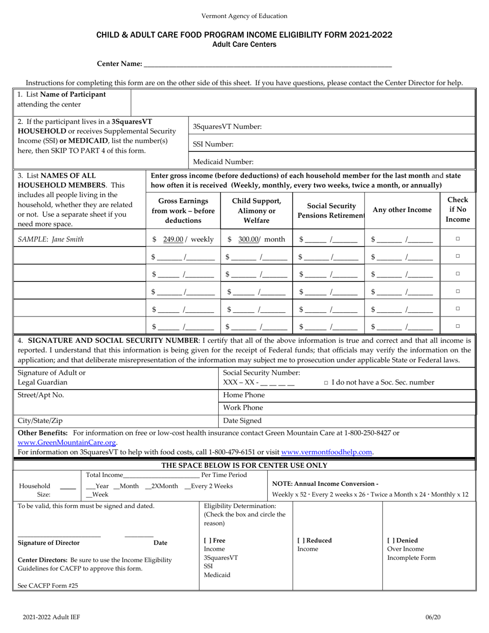 Child  Adult Care Food Program Income Eligibility Form - Adult Care Centers - Vermont, Page 1