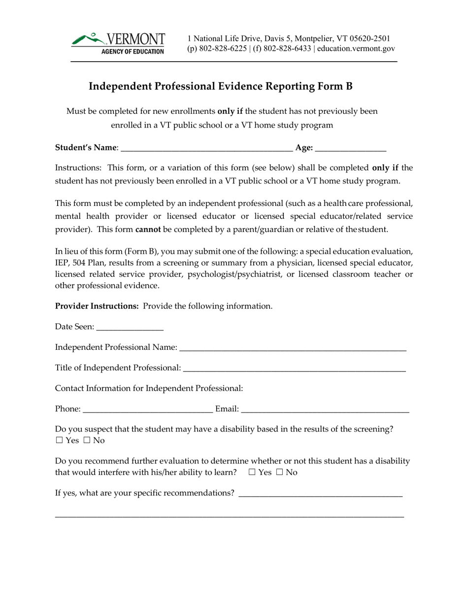 Form B Independent Professional Evidence Reporting Form - Vermont, Page 1