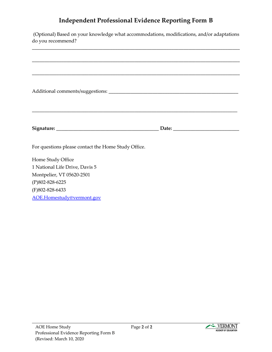 Form B Independent Professional Evidence Reporting Form - Vermont, Page 2