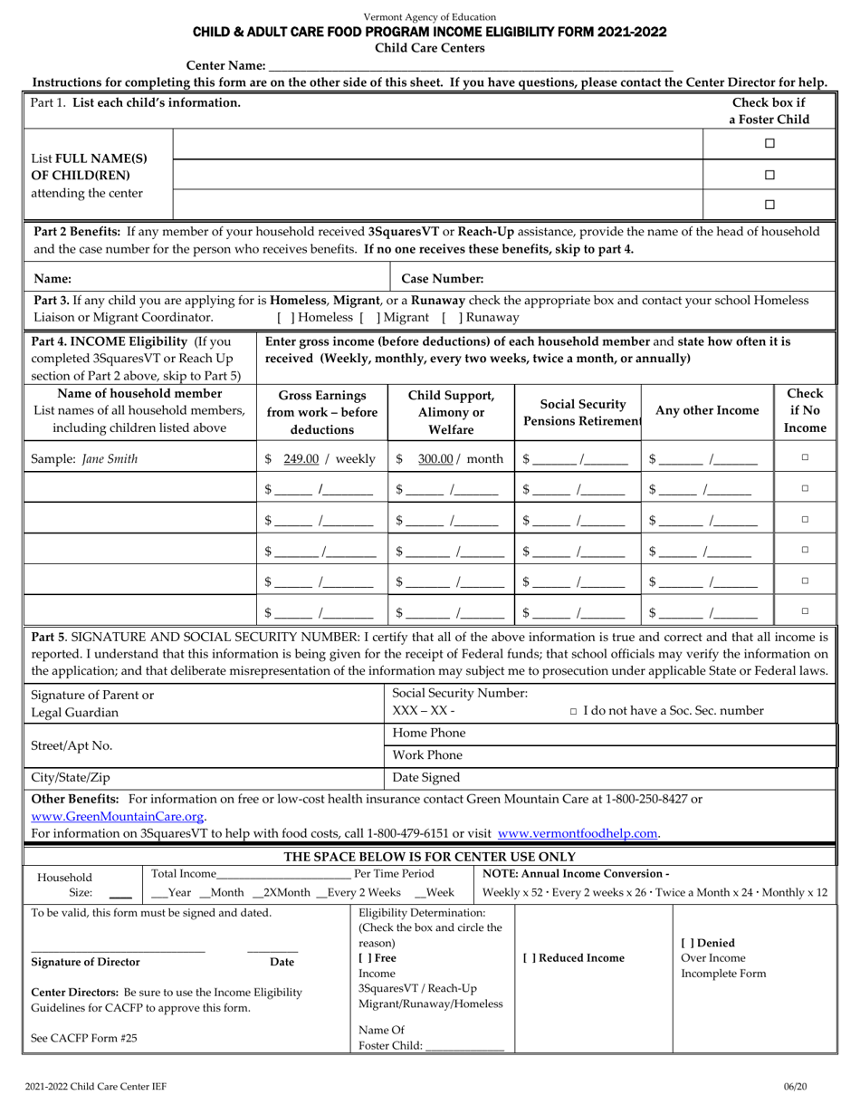 Child  Adult Care Food Program Income Eligibility Form - Child Care Centers - Vermont, Page 1