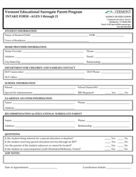 Document preview: Intake Form - Ages 3 Through 21 - Vermont Educational Surrogate Parent Program - Vermont