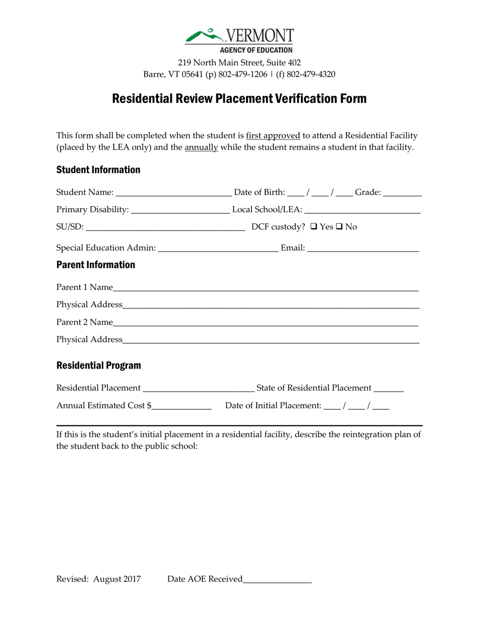 Residential Review Placement Verification Form - Vermont, Page 1