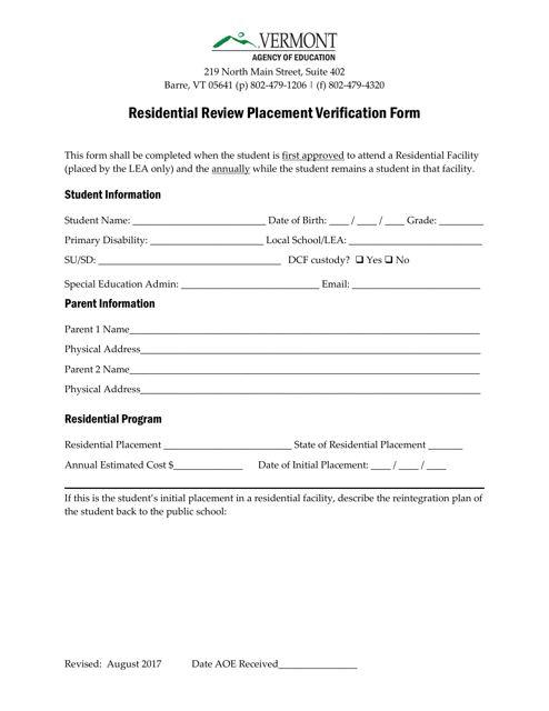 Residential Review Placement Verification Form - Vermont Download Pdf