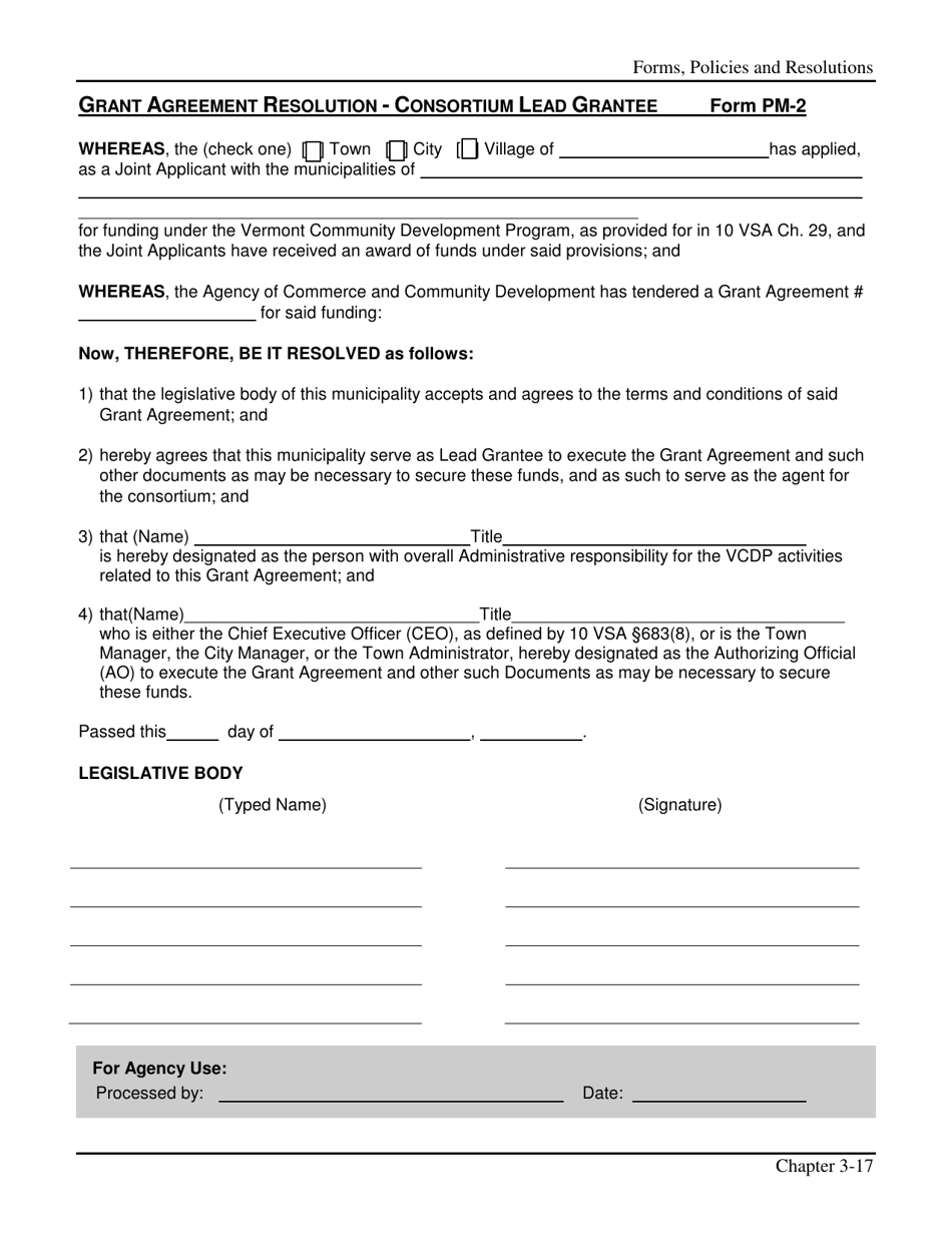 Form PM-2 Grant Agreement Resolution - Consortium Lead Grantee - Vermont, Page 1
