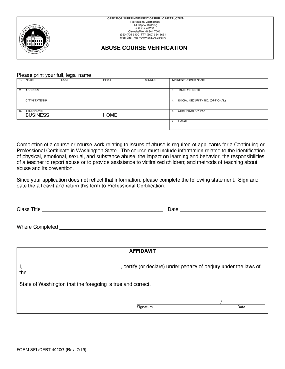 Form SPI / CERT4020G Abuse Course Verification - Washington, Page 1