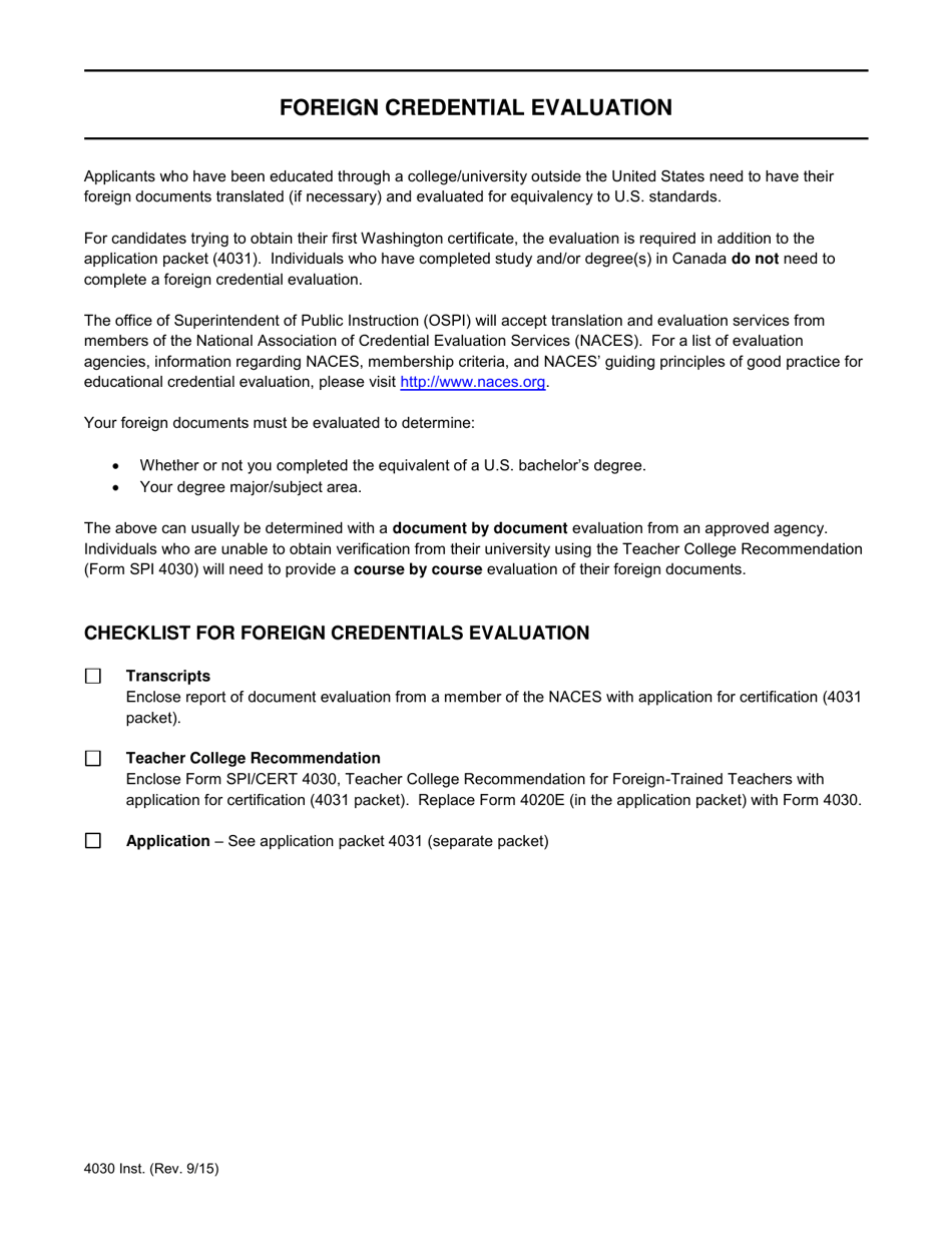 Form SPI / CERT4030 Teacher-College Recommendation for Foreign-Trained Teachers - Washington, Page 1