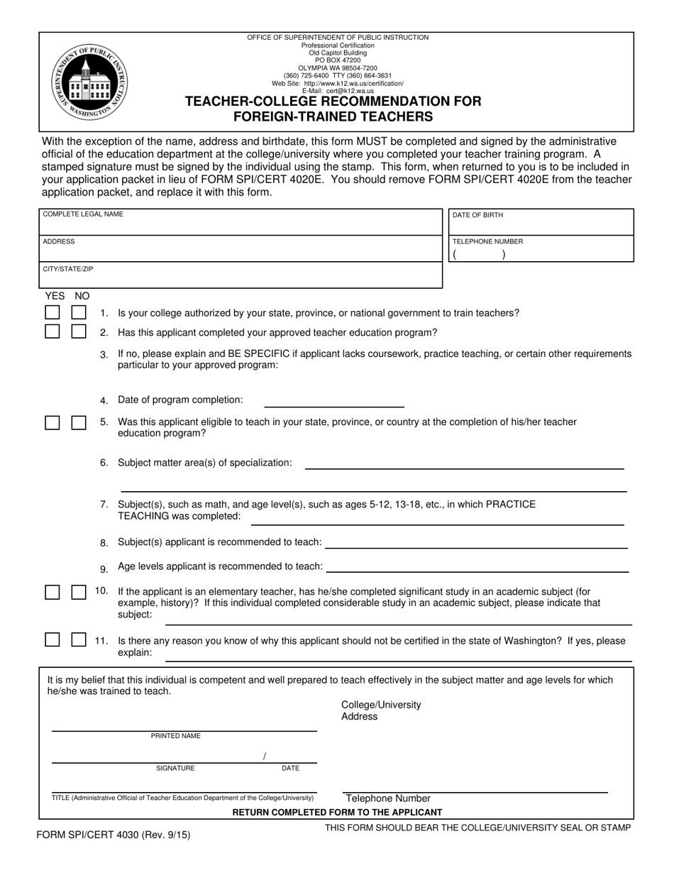 Form SPI / CERT4030 Teacher-College Recommendation for Foreign-Trained Teachers - Washington, Page 2