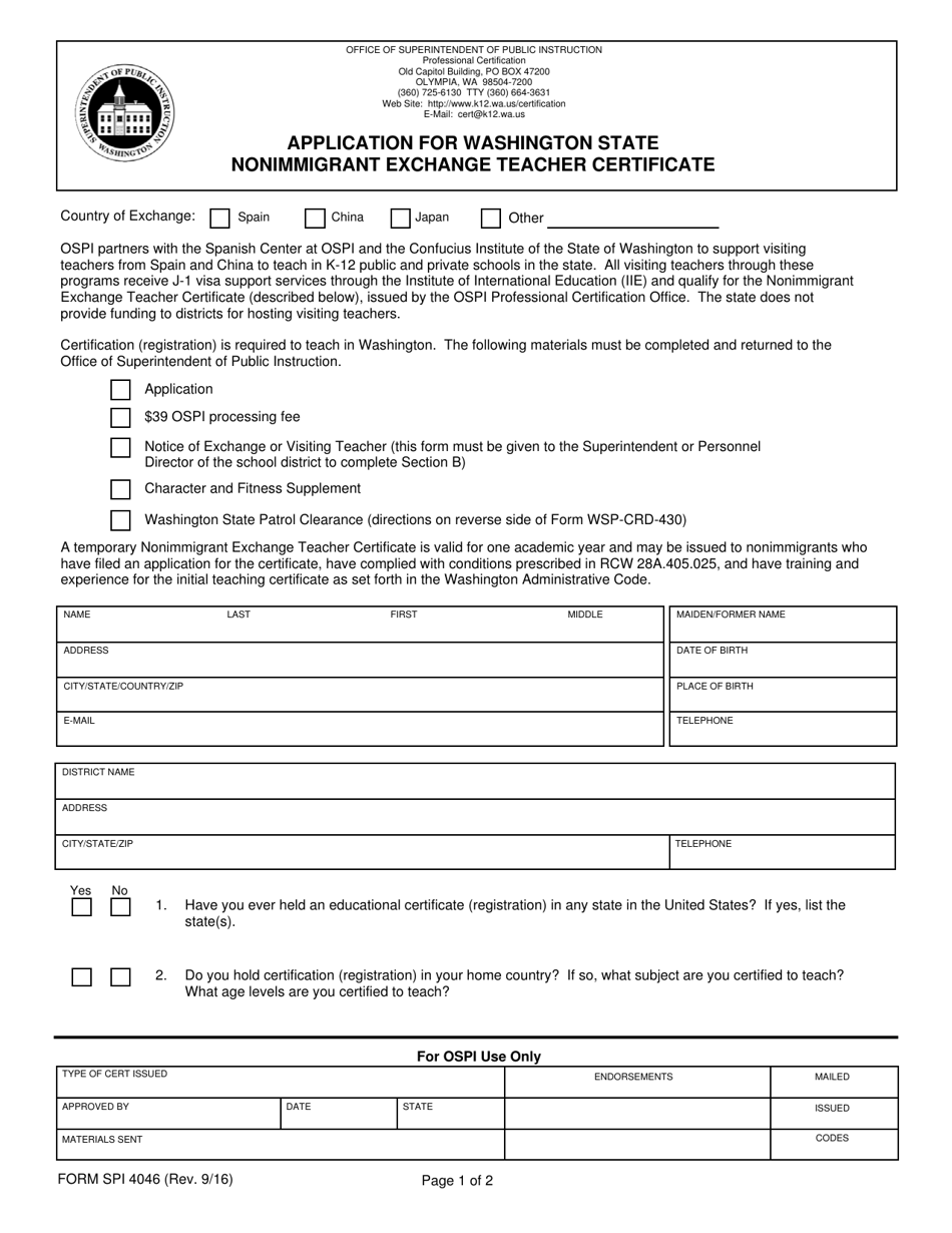 Form SPI4046 Application for Washington State Nonimmigrant Exchange Teacher Certificate - Washington, Page 1