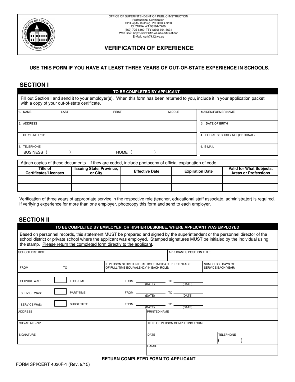 Form SPI / CERT4020F-1 Verification of Experience - Washington, Page 1