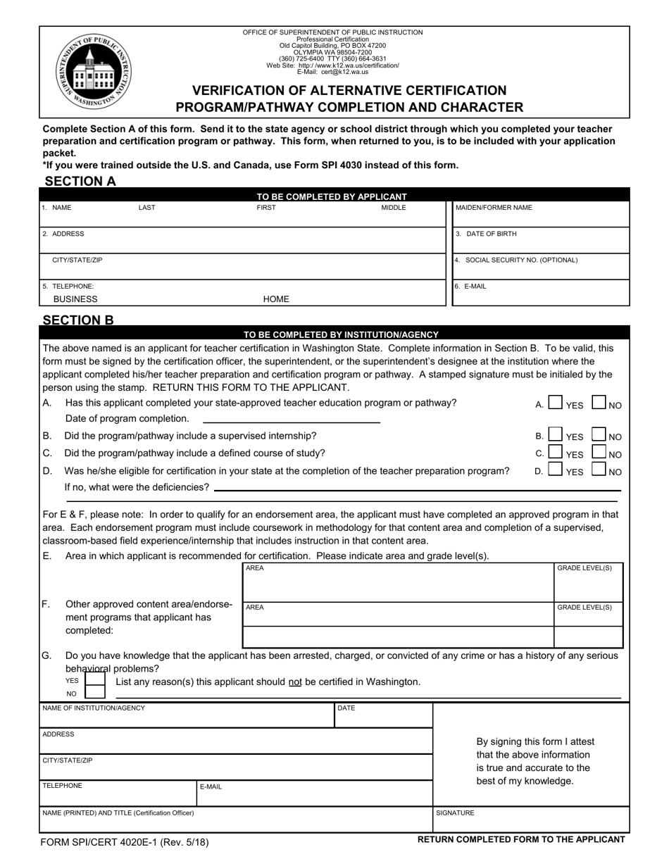 Form SPI / CERT4020E-1 Verification of Alternative Certification Program / Pathway Completion and Character - Washington, Page 1