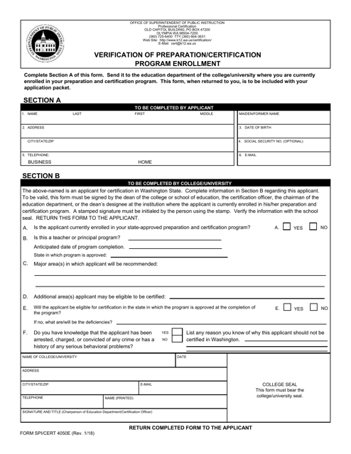 Form SPI/CERT4050E Verification of Preparation/Certification Program Enrollment - Washington