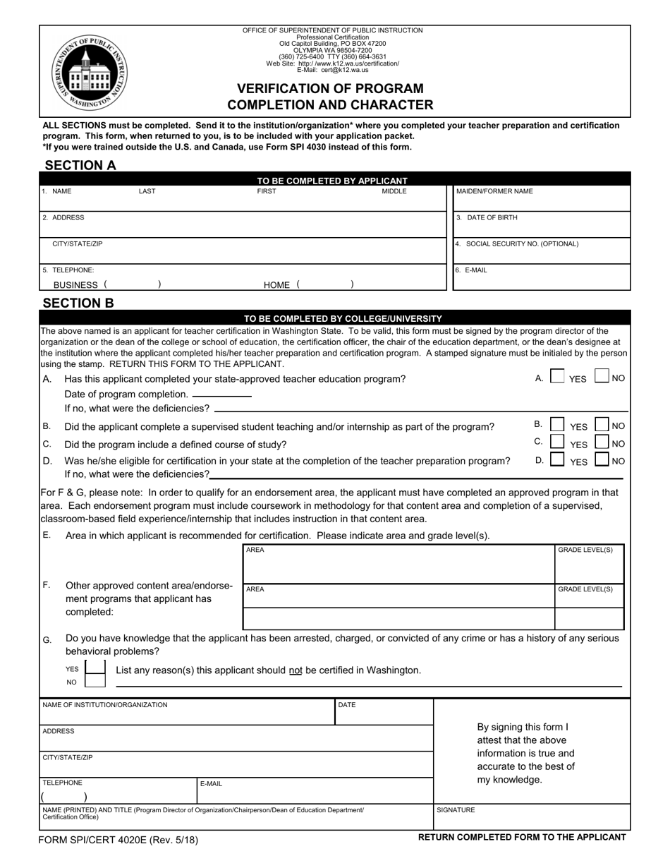 Form SPI / CERT4020E Verification of Program Completion and Character - Washington, Page 1