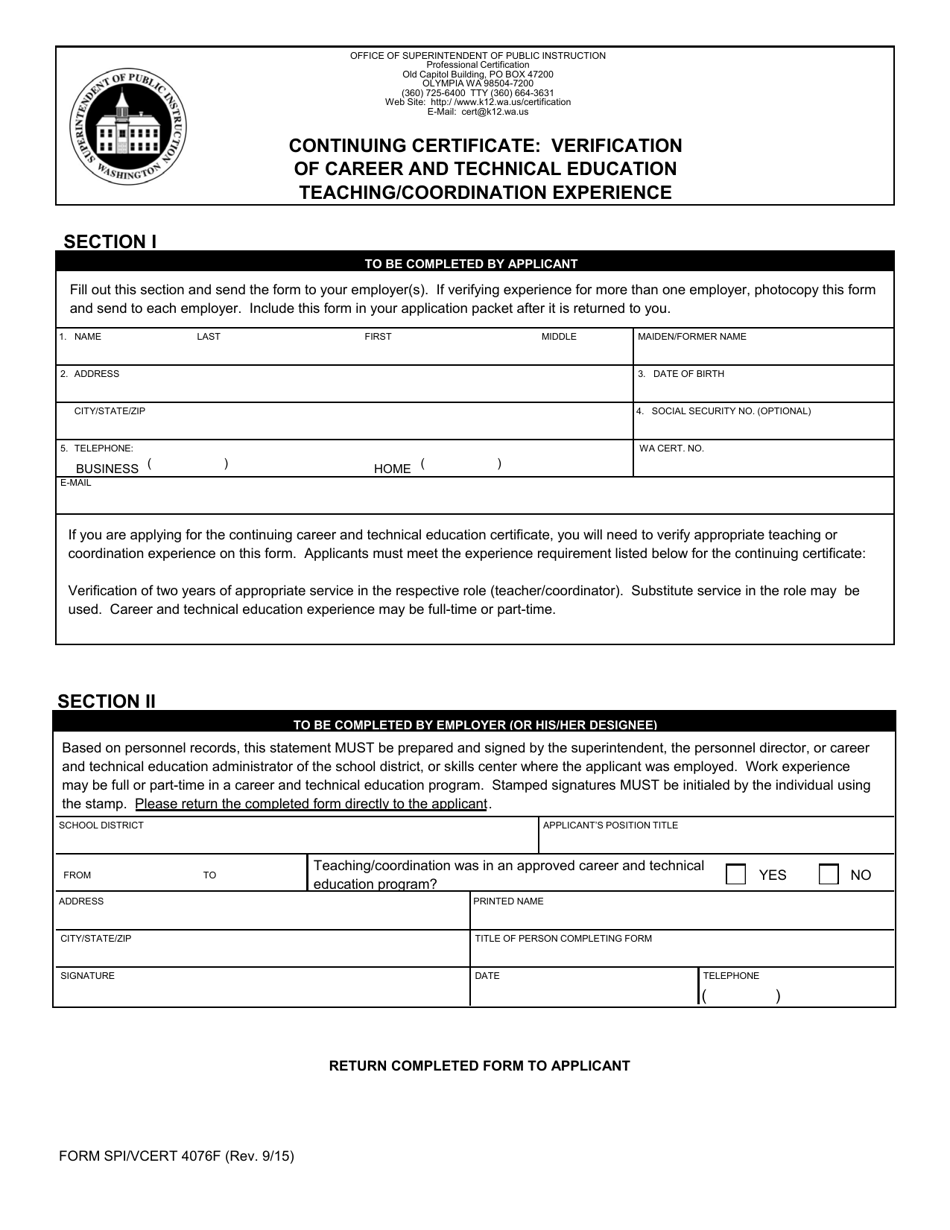 Form SPI / VCERT4076F Continuing Certificate - Verification of Career and Technical Education Teaching / Coordination Experience - Washington, Page 1