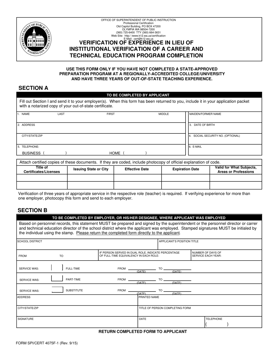 Form SPI / CERT4075F-1 Verification of Experience in Lieu of Institutional Verification of a Career and Technical Education Program Completion - Washington, Page 1