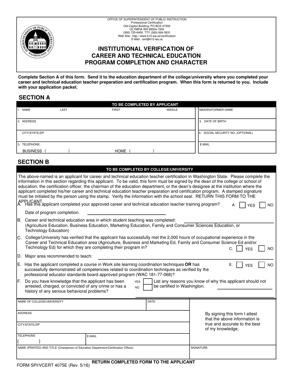 Form SPI/VCERT4075E Institutional Verification of Career and Technical Education Program Completion and Character - Washington, Page 1