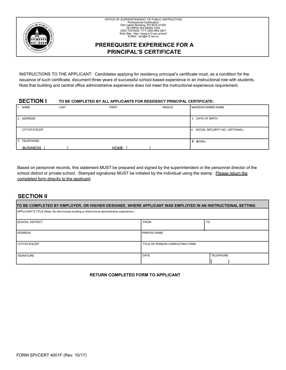 Form SPI / CERT4001F Prerequisite Experience for a Principals Certificate - Washington, Page 1