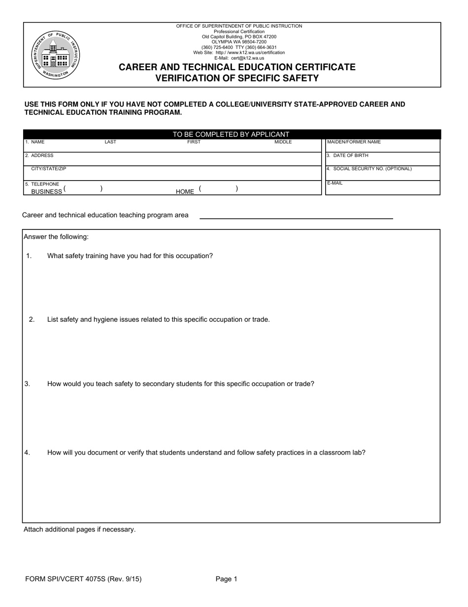 Form SPI / VCERT4075S Career and Technical Education Certificate Verification of Specific Safety - Washington, Page 1