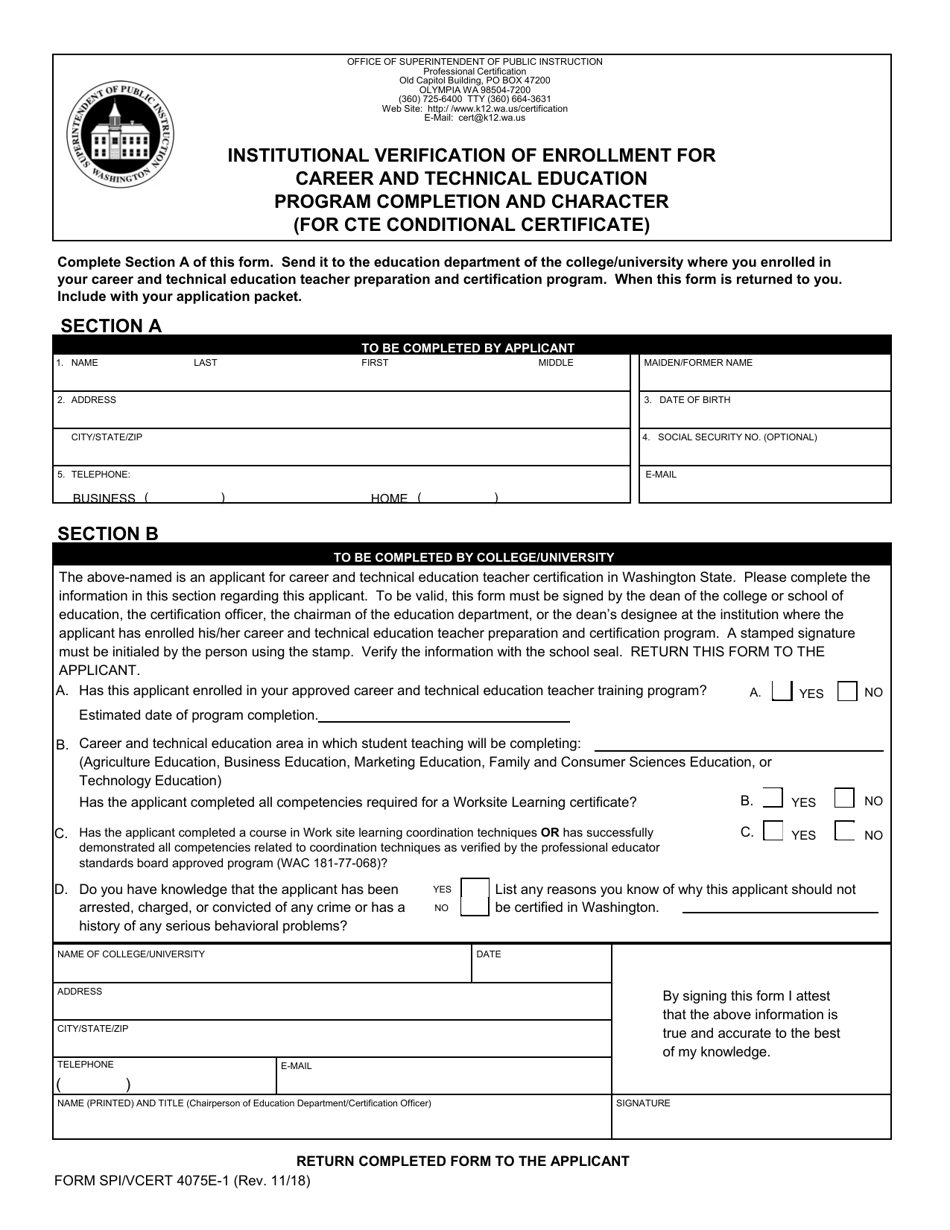 Form SPI/VCERT4075E-1 Institutional Verification of Enrollment for Career and Technical Education Program Completion and Character (For Cte Conditional Certificate) - Washington, Page 1