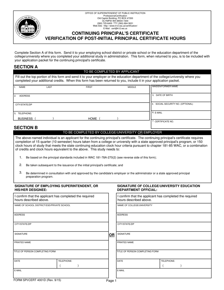 Form SPI / CERT4001D Continuing Principals Certificate Verification of Post-initial Principal Certificate Hours - Washington, Page 1